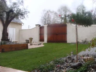 Patio finalisé avec pelouse, bordures minérales et olivier structurant l’espace