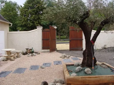Patio structuré avec gravier, pas japonais et bac bois autour d’un arbre