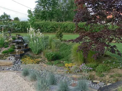 Jardin paysager inspiré du Japon avec bassin, végétation variée et ambiance naturelle apaisante