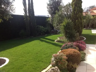 Jardin aménagé avec pelouse dense, bordures courbes et plantations structurées