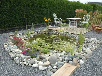 Bassin de jardin avec galets décoratifs, plantes aquatiques et espace détente paysager