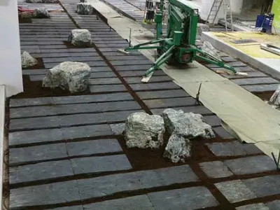 Installation de roches décoratives dans un jardin d’intérieur avec cheminement central