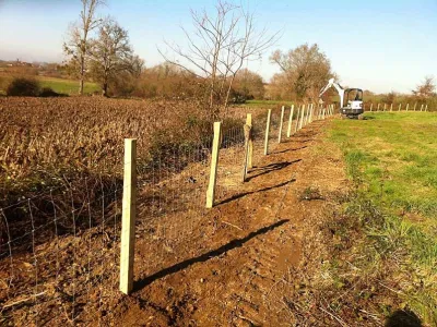 Installation de piquets bois et grillage métallique le long d’un champ, clôture rurale en cours de pose