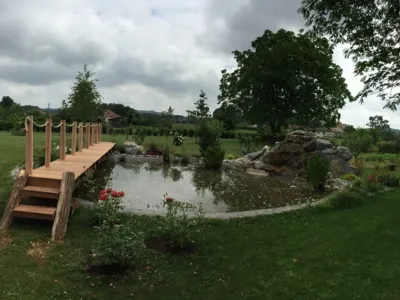 Pont en bois aménagé au cœur d’un jardin avec bassin et végétation intégrée